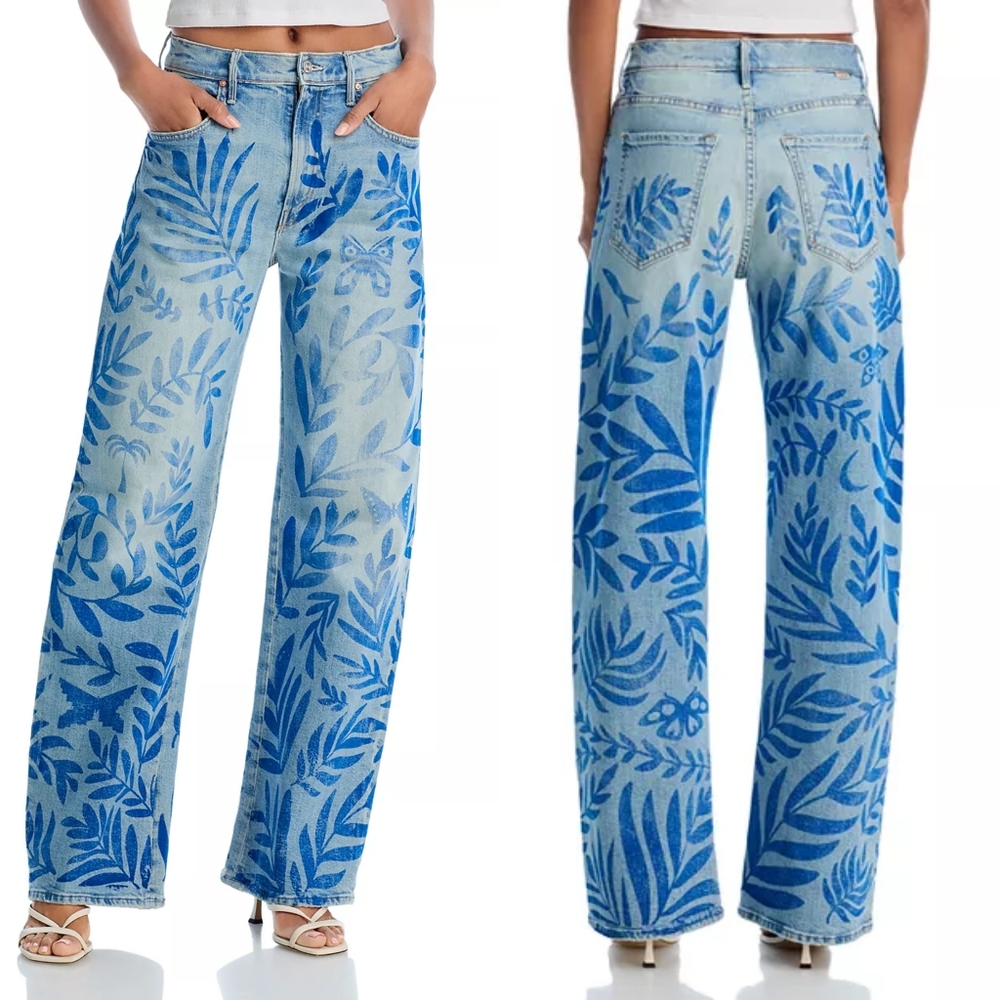NWT Mother Denim The Lasso Sneak Jeans Pressed Leaves 29 Blue Painted Denim Jean